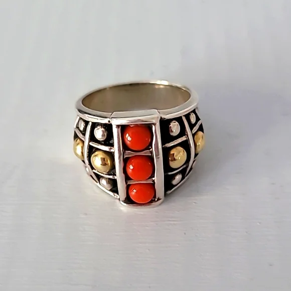 Lagos Caviar Sterling Silver 18K Yellow Gold Red Coral Ring Size 7 - Picture 1 of 6